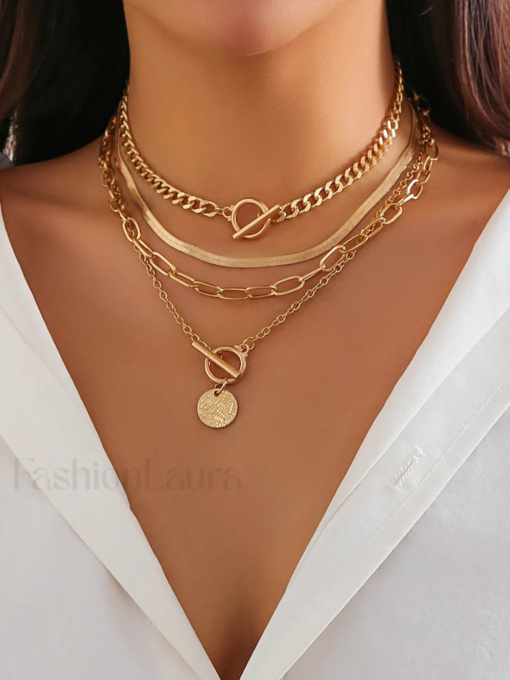 4pcs Chunky Stacking Pendant Necklace Gold / One Size Necklaces