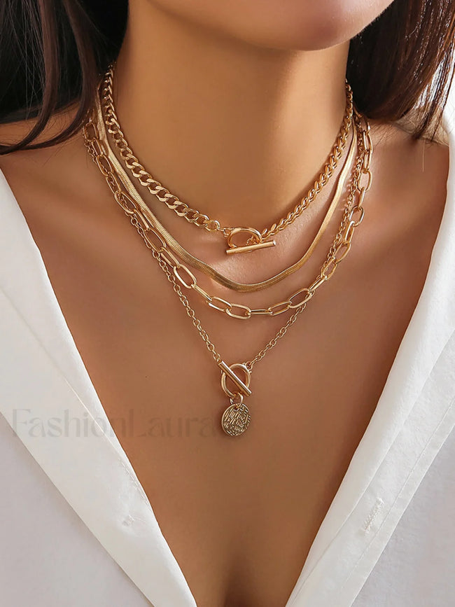 4pcs Chunky Stacking Pendant Necklace Gold / One Size Necklaces Main image