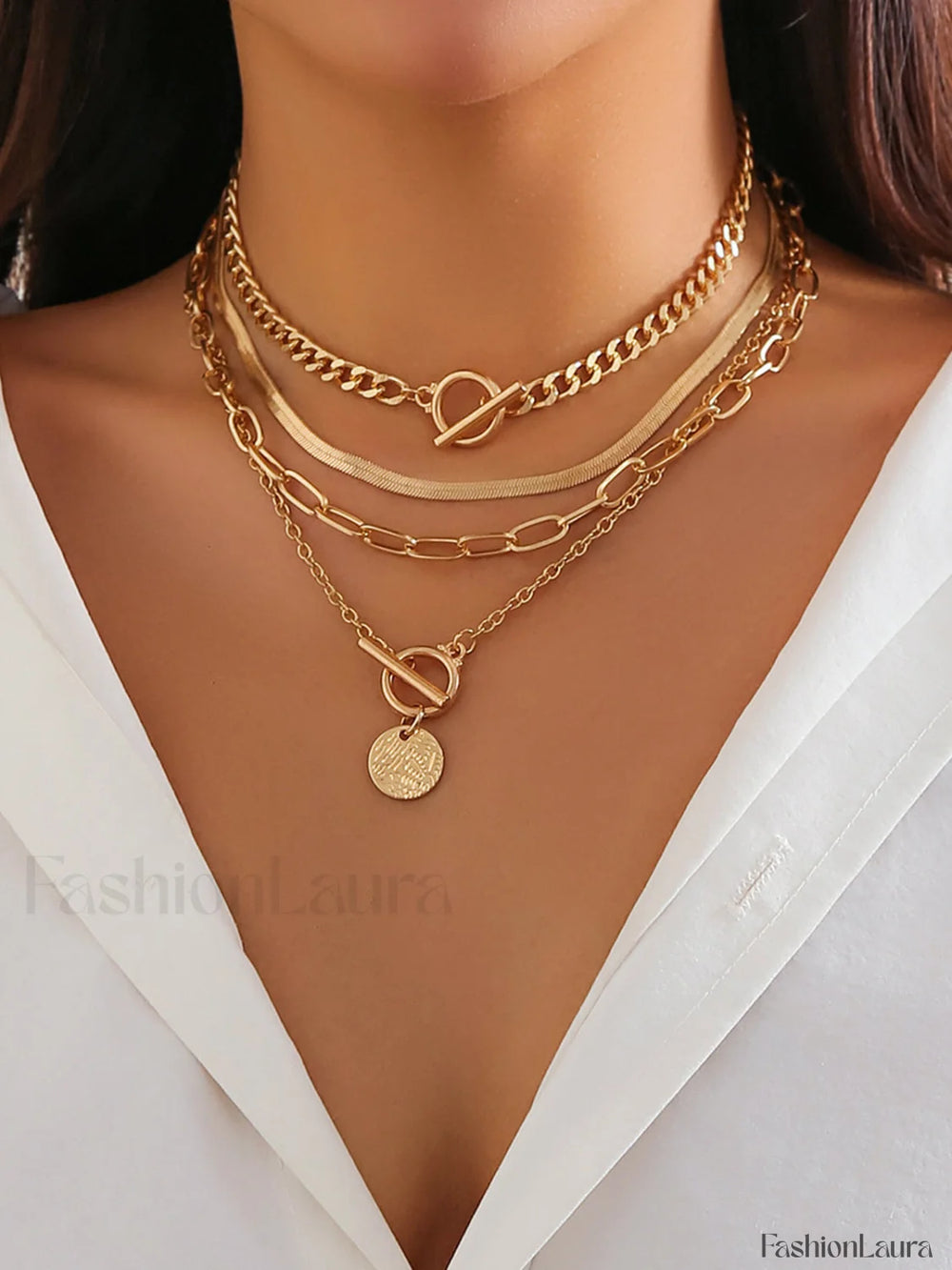 4pcs Chunky Stacking Pendant Necklace Gold / One Size Necklaces