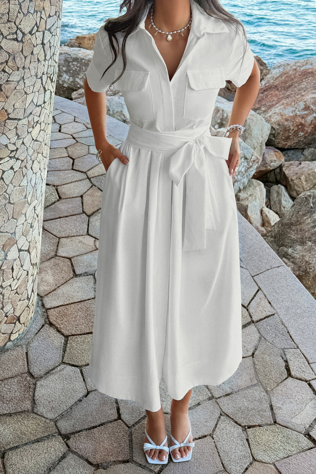 Casual Lapel Shirt Silhouette Loose Fit Midi Dress