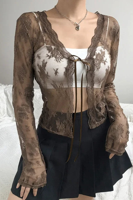 Lace Tie Front Sheer Crop Cardigan Brown / S