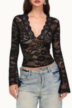 Solid V Neck Lace Bodycon Long Sleeve Tee