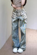 3D Lace Pearl Applique Wide Leg Jeans