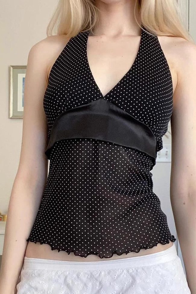 Polka Dot Satin Bow Tie Backless Halter Crop Top Main image