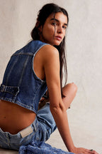 Fitted V Neck Button Denim Vest Tank Top