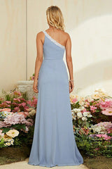 Blue One Shoulder Mermaid Slit Formal Dress