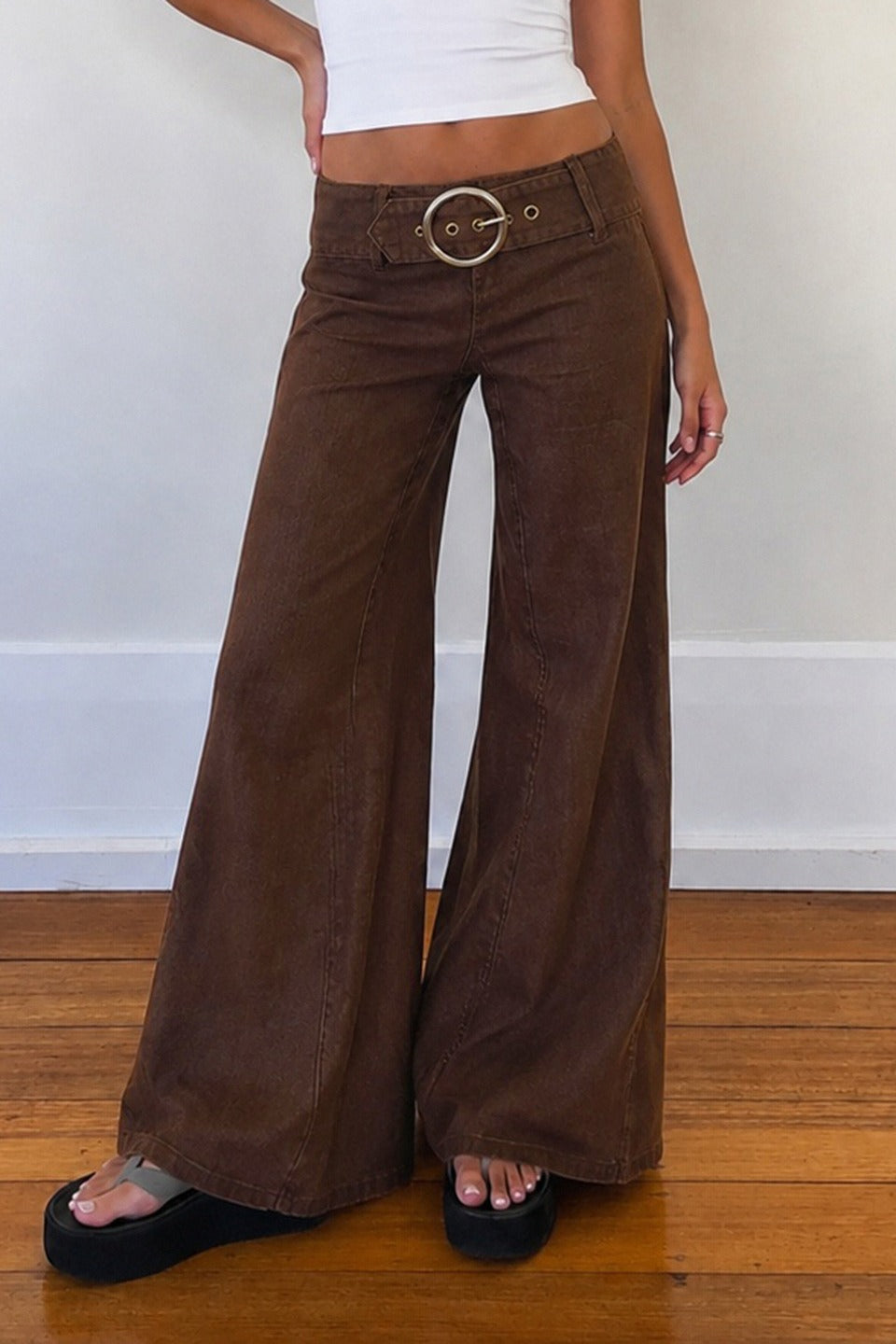 Low Rise Buckle Detail Loose Flare Leg Jeans