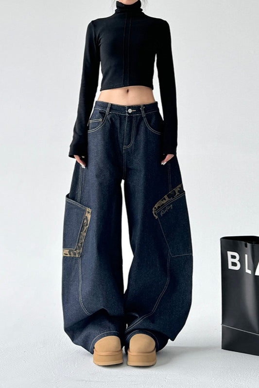 Leopard Spliced Vintage Wide Leg Jeans Black / S Main image