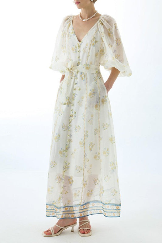 Embroidered Puff Sleeve Tie Boho Dress Main image