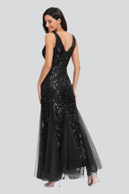 V Neck Sheer Embroidered Sequin Sexy Prom Dress