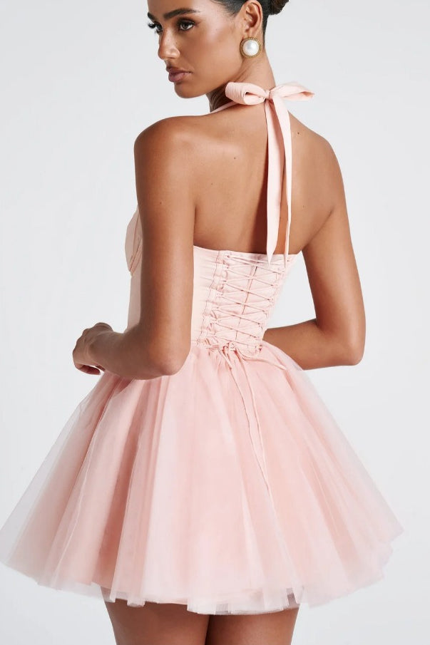 Boned Halter Lace Tie Waist Tulle Mini Dress