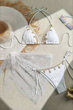 Starfish Fringe Mesh Mini Skirt Three Piece Swim Set