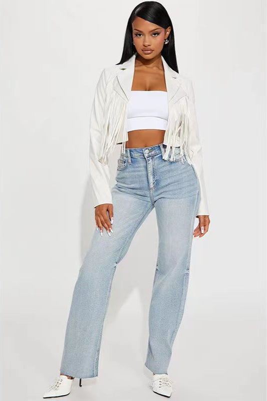 Fringe Trim Faux Leather Cropped Jacket Secondary image