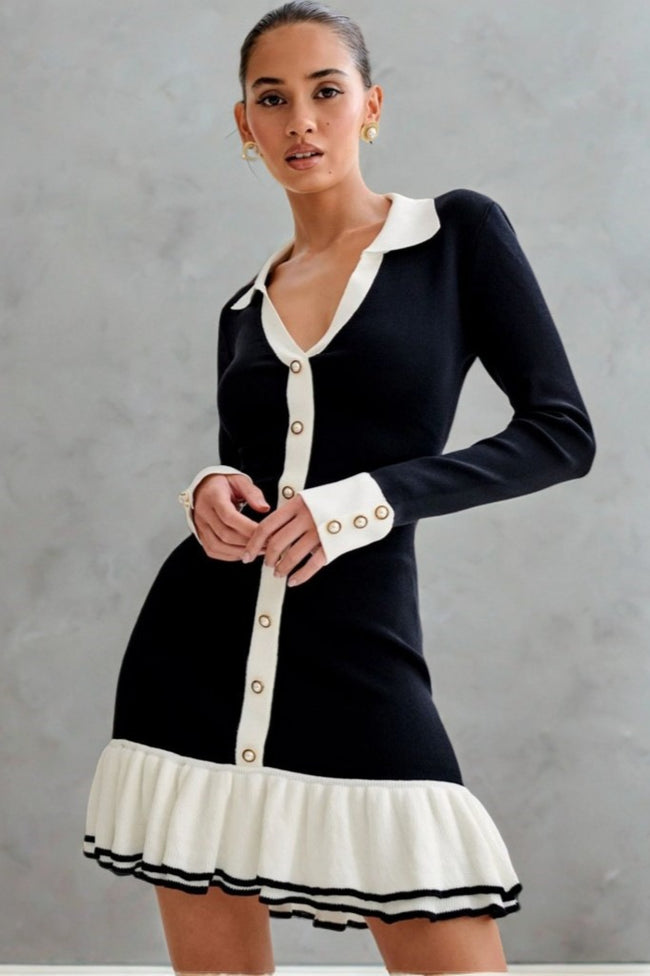 Pearl Button Ruffled Collar Knit Sweater Dress Main image