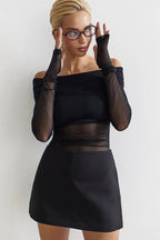 Off Shoulder Sheer Mesh Slim Fit Long Sleeve Tee