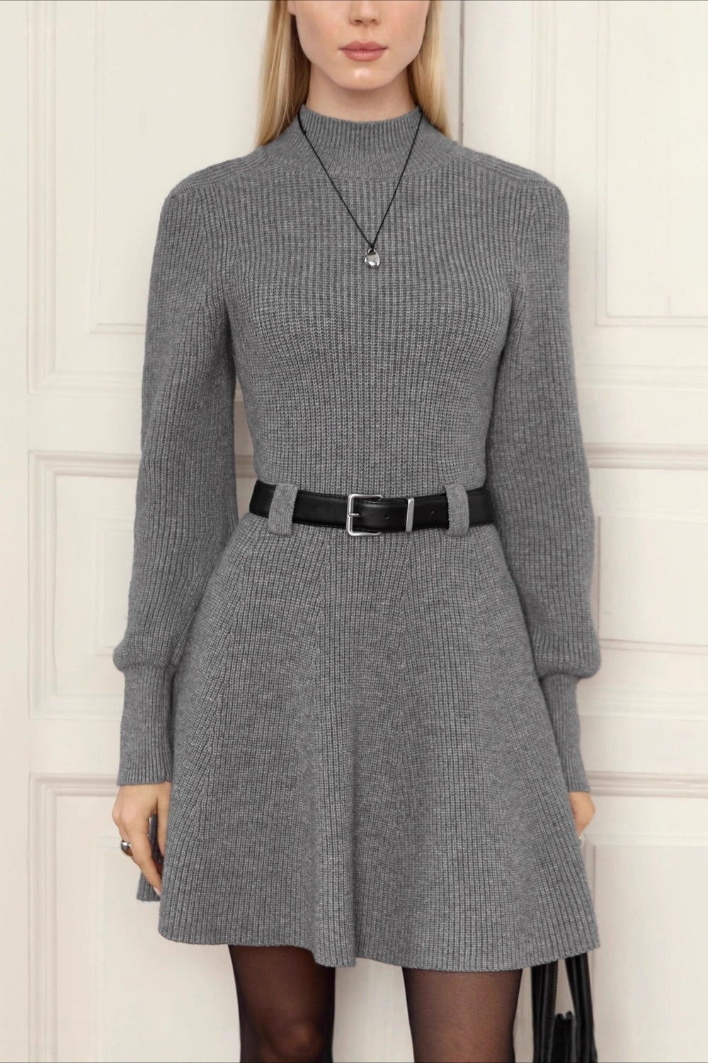 Thick Knit Turtleneck Sweater Dress S / Grey
