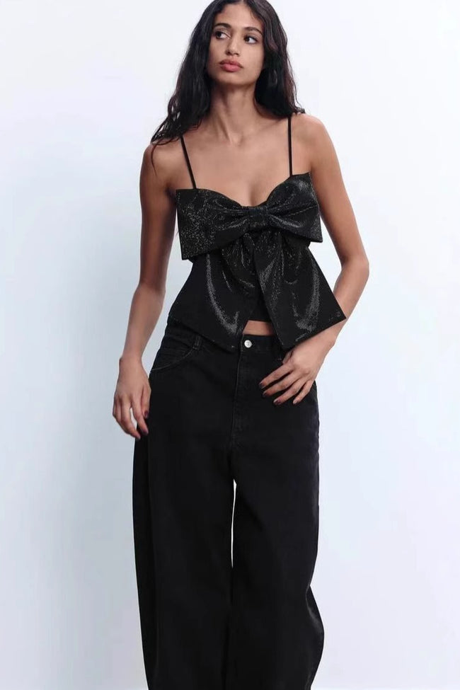 Bow Detail Rhinestone Spaghetti Strap Crop Top Main image