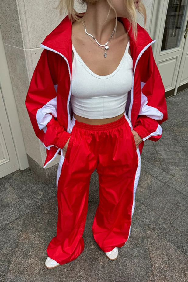 Contrast Trim Zip Jacket Two Piece Set