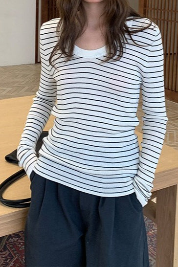 Wool Striped Round Neck Knit Top Main image