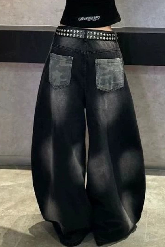 Camo Panel Baggy Wide Leg Jeans