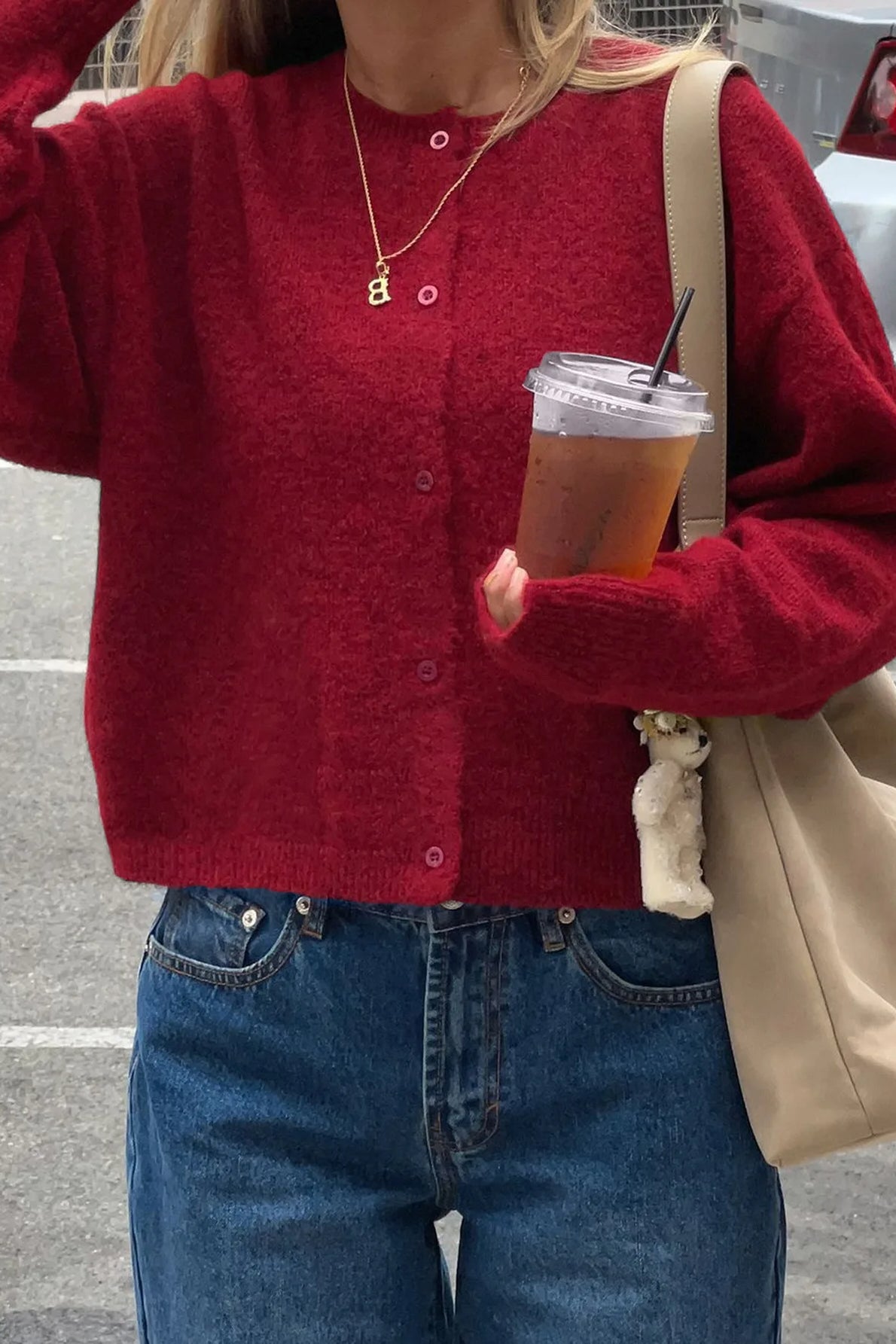 Cropped Knit Button Cardigan Wine red / S Main image