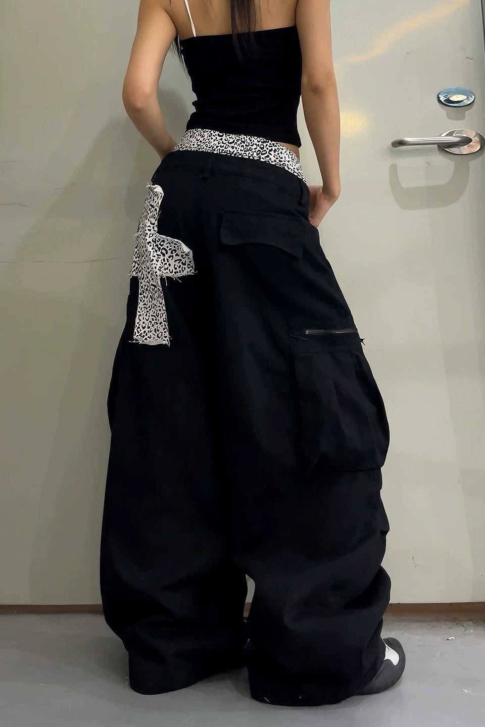 Leopard Waist Cross Patch Wide Leg Cargo Pants