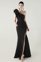 Ruffled Floral One Shoulder Satin Party Dress Black / S