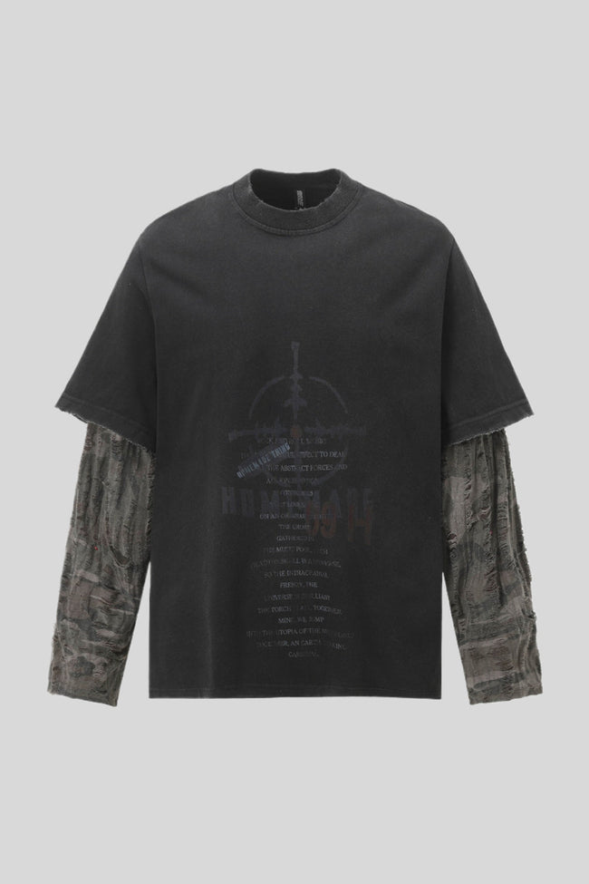 Washed Typography Camo Layered Long Sleeve T-Shirt Main image