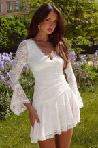 V Neck Long Sleeve Embroidered Lace Mini Dress
