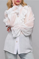 Lace Trim Stand Collar Chiffon Blouse