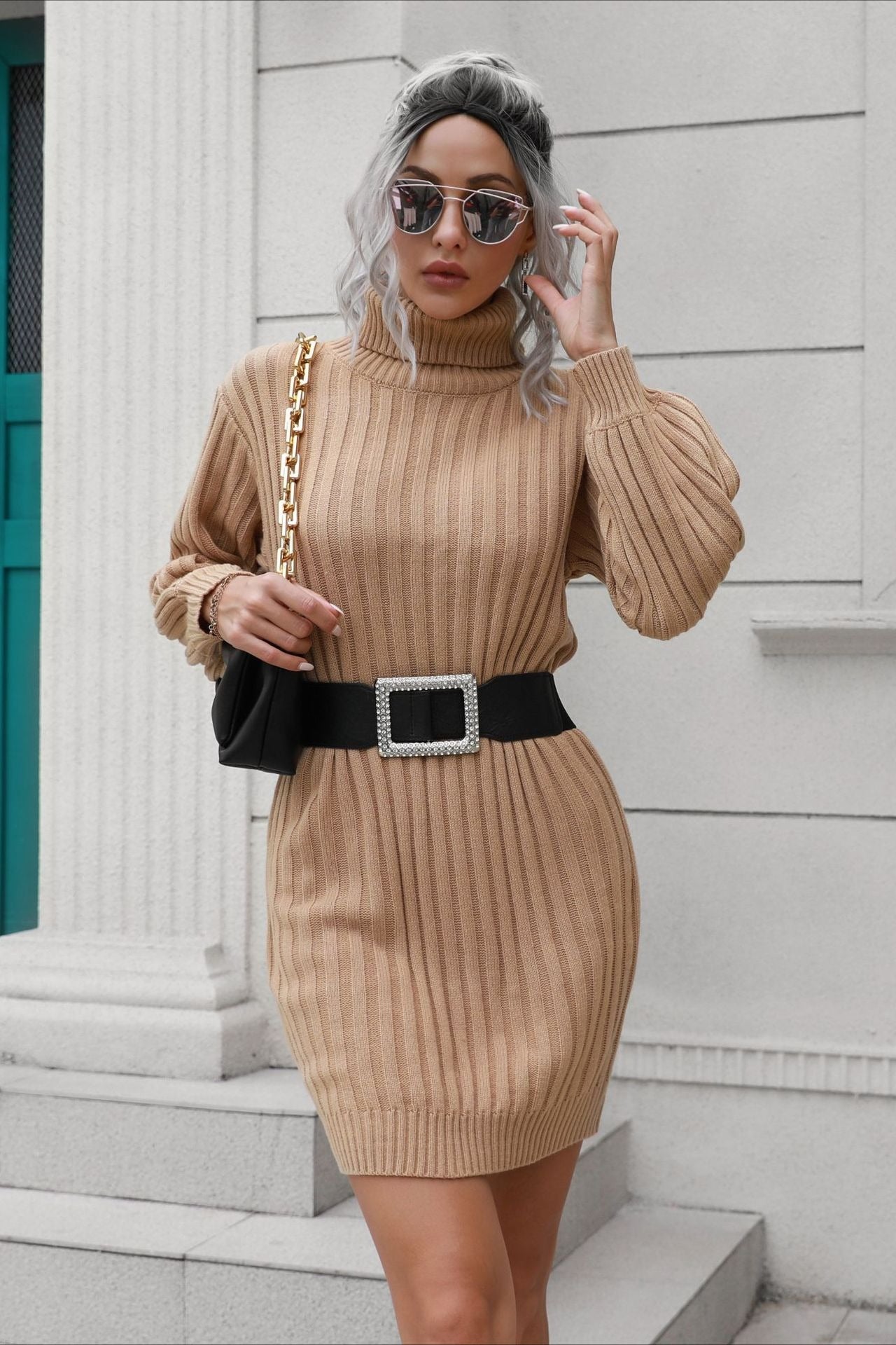 Short Ribbed Turtleneck Sweater Dress Secondary image