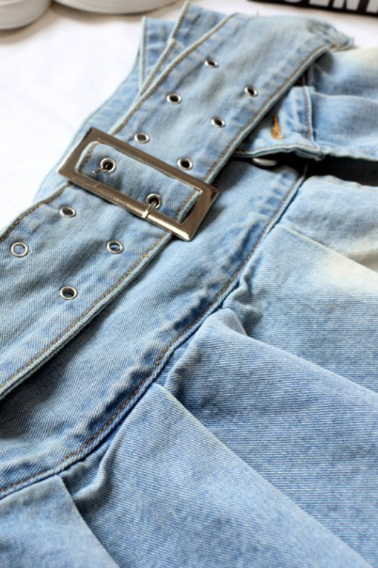 Belted Pleated Denim Mini Skirt