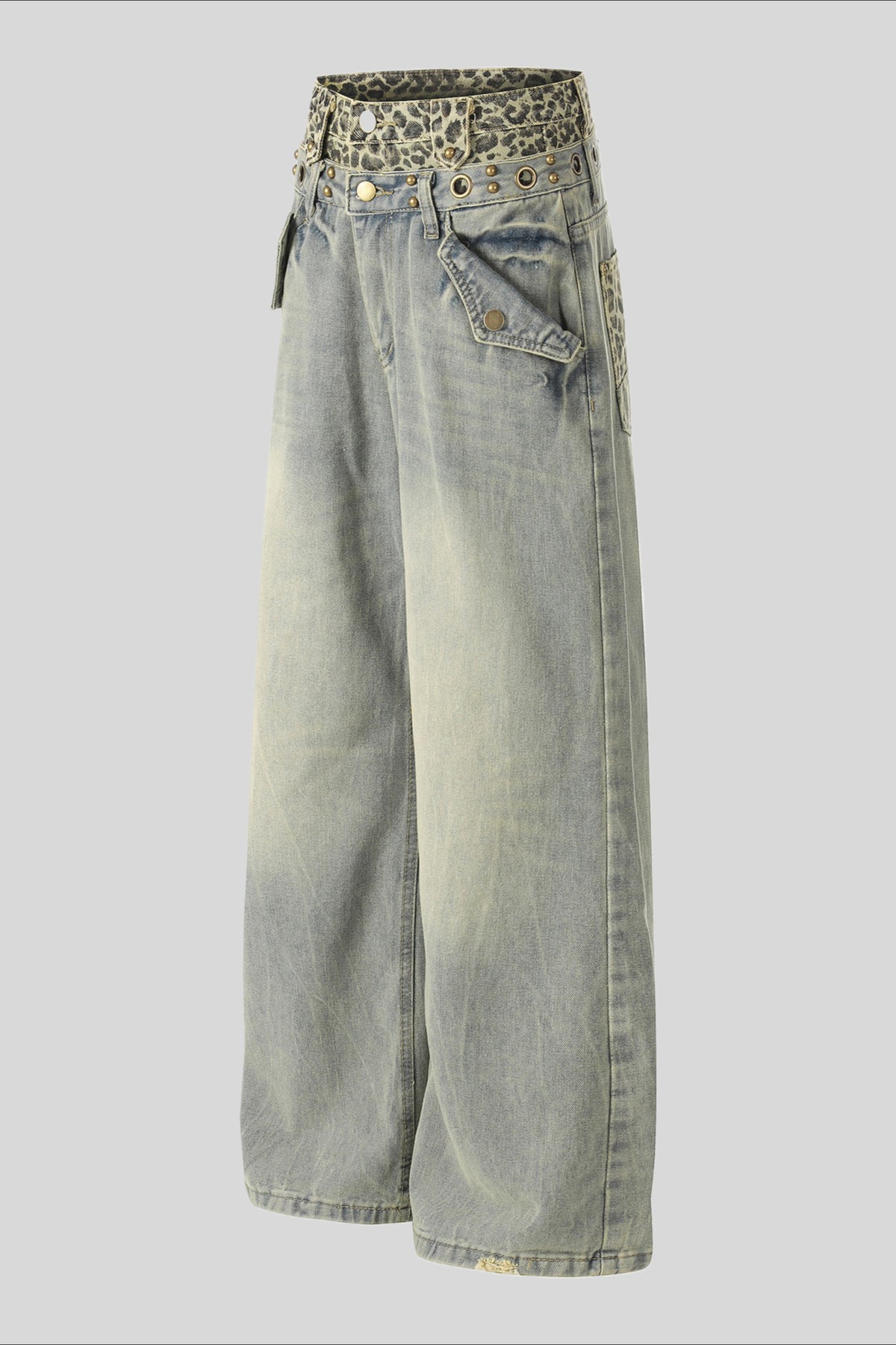 Leopard Double Waist Wide Leg Jeans