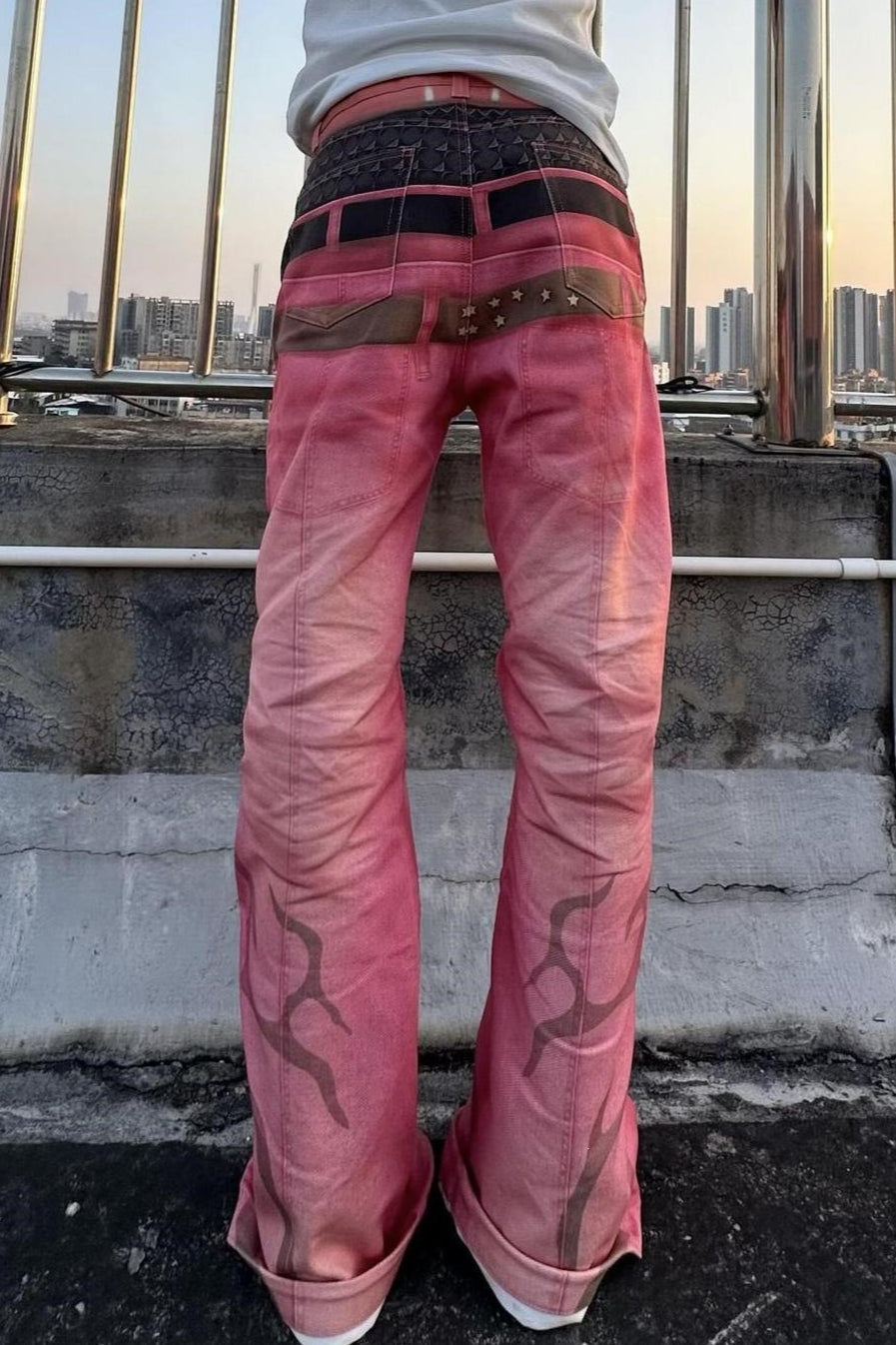 Pink Graphic Double Waist Flared Jeans