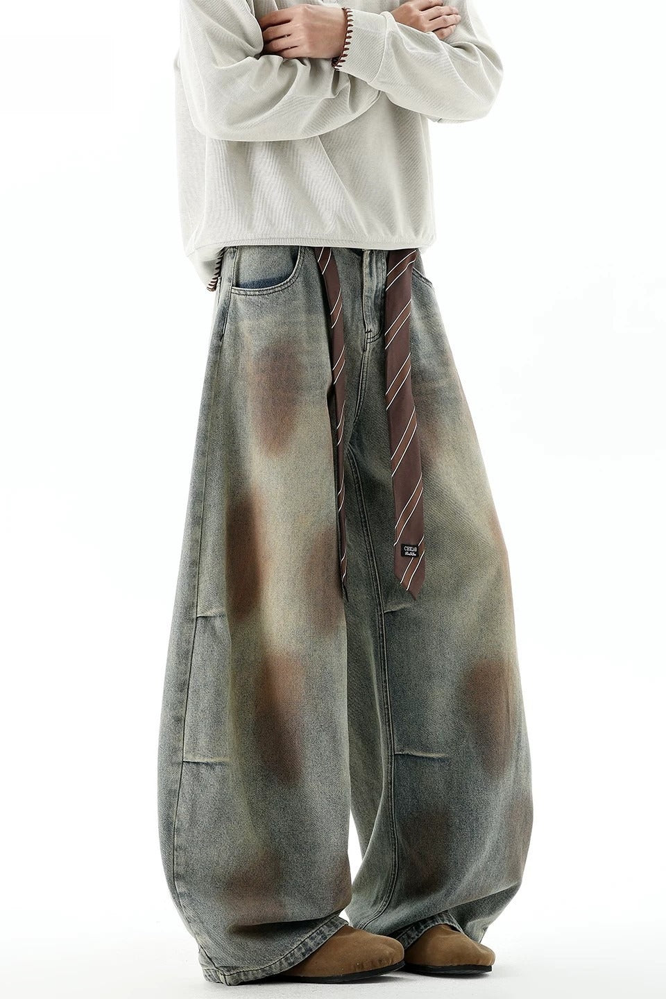 Dirty Wash Strap Wide Leg Jeans