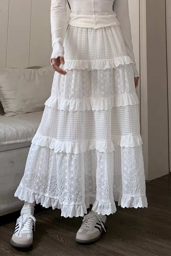 White Lace Tiered High Waist Boho Skirt Main image