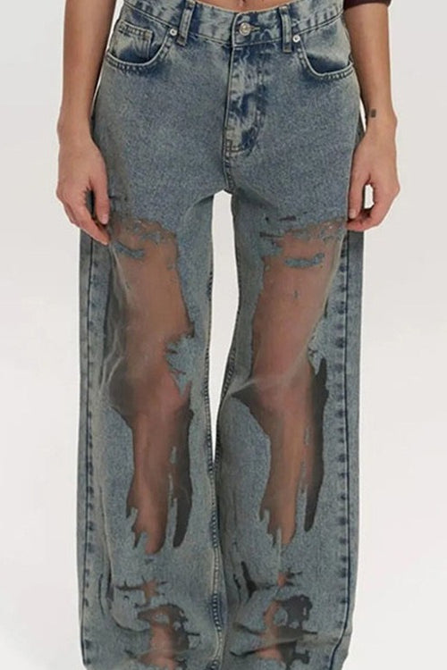 Y2K Mesh See Through Relaxed Straight Jeans Main image