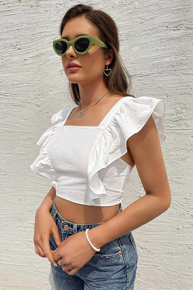 Backless Tie Ruffle Sleeve Sweet Square Neck Crop Top Main image