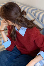 Layered Look Collared Knit Sweater Red / One Size