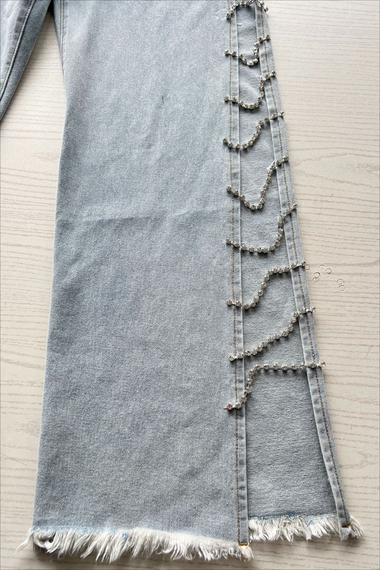 Rhinestone Cutout Wide Leg Jeans