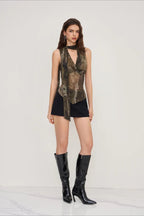 Sheer Mesh Print Ribbon Tie Halter Top