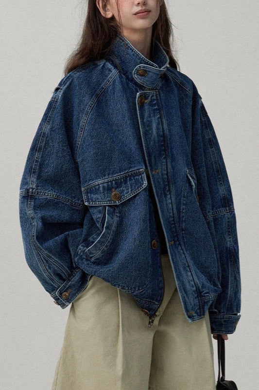 Stand Collar Washed Denim Utility Jacket Main image