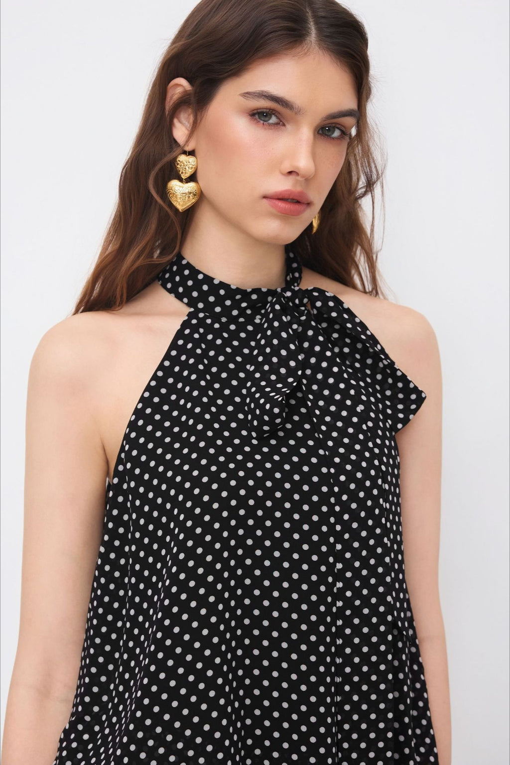 Black Polka Dot Draped Tie Halter Top