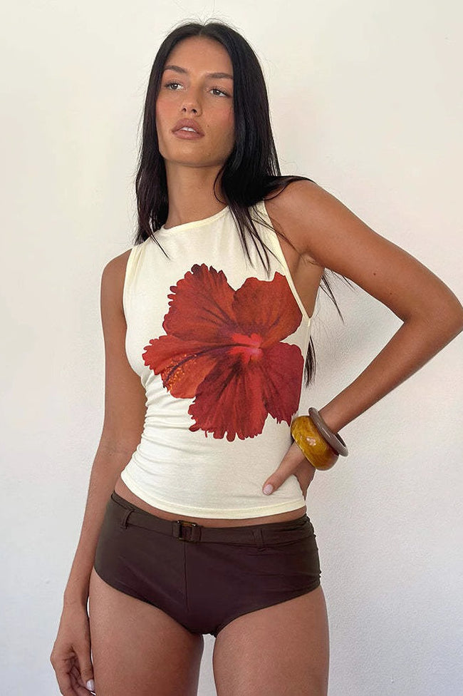 Red Hibiscus Print Cropped Tank Top Main image