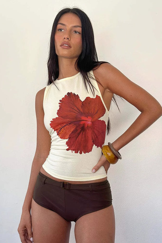 Red Hibiscus Print Cropped Tank Top