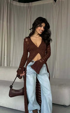 Knitted Flare Long Sleeve Beach Cardigan Brown / S