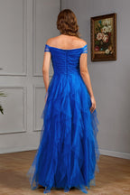 Solid Off Shoulder Tulle Gown Formal Dress