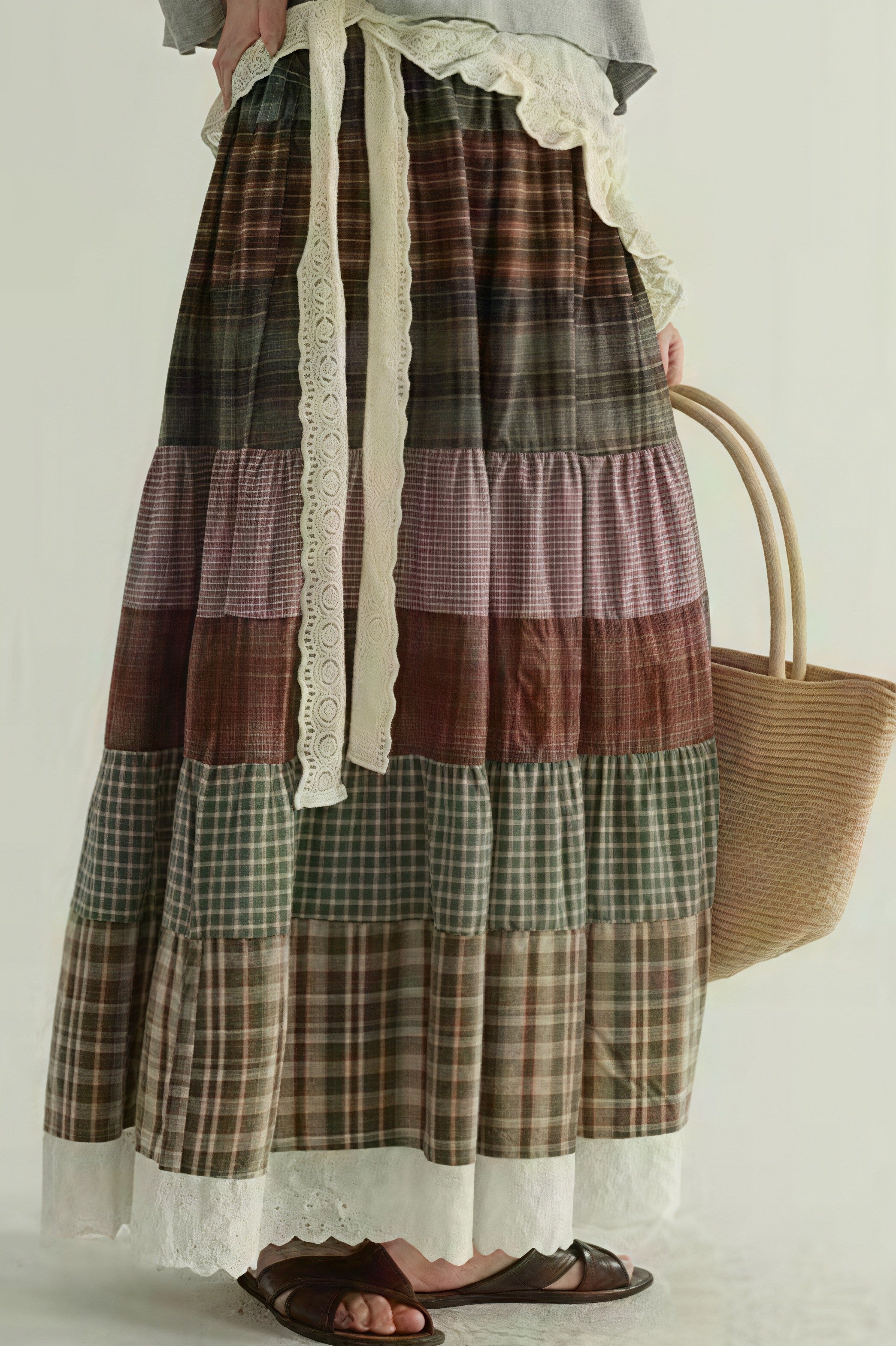 Vintage Plaid Patchwork Flared Boho Skirt Main image