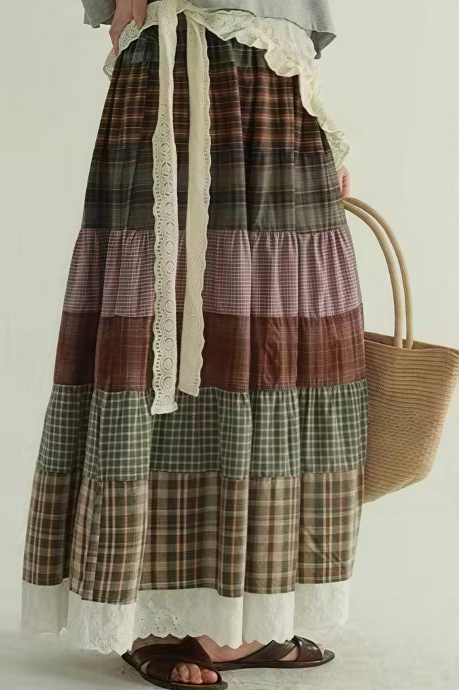 Vintage Plaid Patchwork Flared Boho Skirt Main image