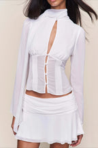 Chic Button Hollow Out Tie Front Slim Blouse